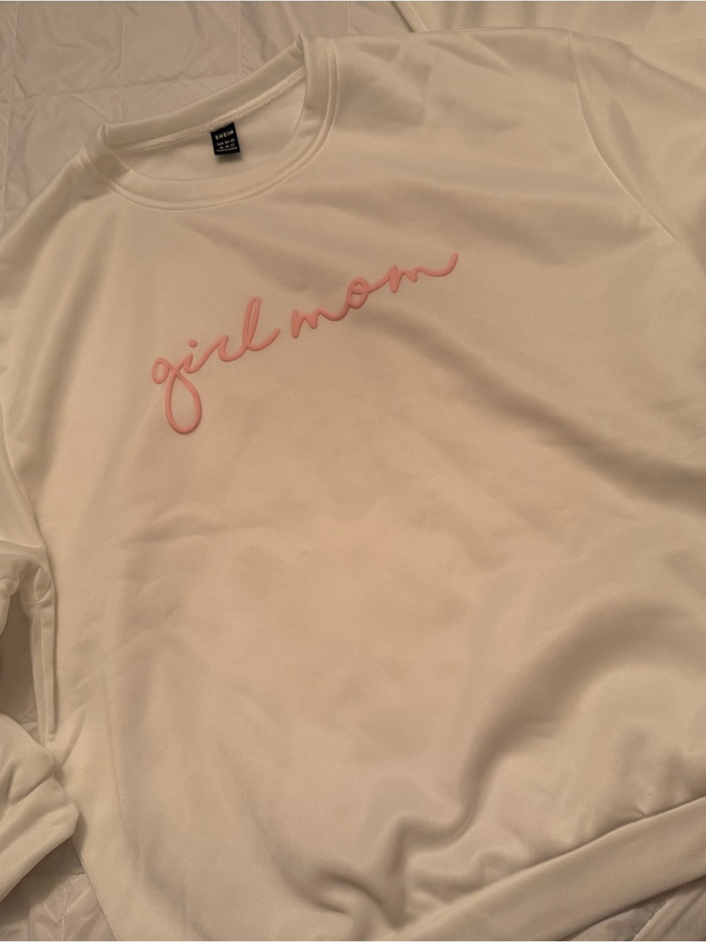 White "girl mom" Pullover Sweatshirt with Pink Script